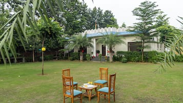 Eine Terrasse mit vier Holzstühlen und einem Tisch, umgeben von einem gepflegten Rasen und verschiedenen Bäumen.