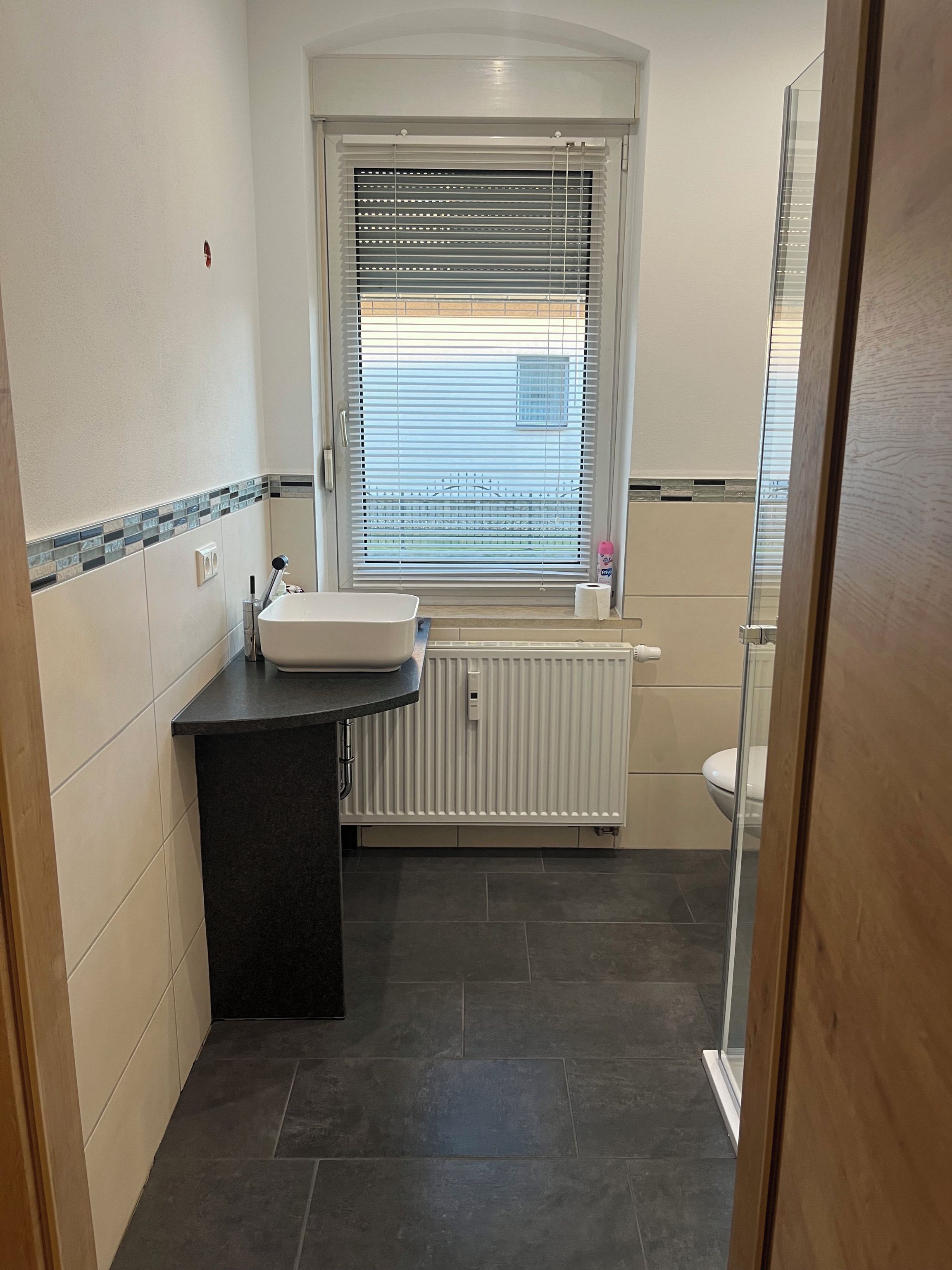 Ein Badezimmer mit einem weißen Waschbecken, einer schwarzen Arbeitsplatte, einem Fenster mit Jalousien, einer Toilette und einer Duschkabine.