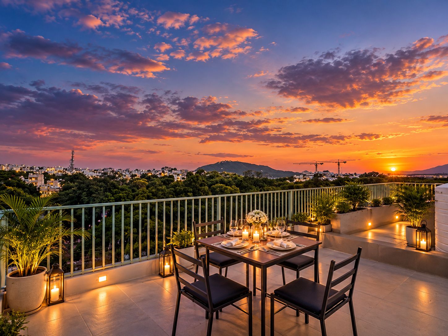 An outdoor dining area with a table set for four, surrounded by potted plants and lanterns, overlooking a cityscape at sunset.
