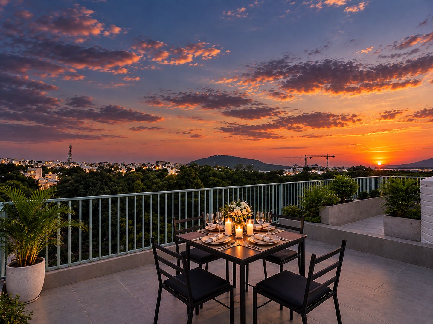 A rooftop terrace with a table set for dining, overlooking a cityscape at sunset.