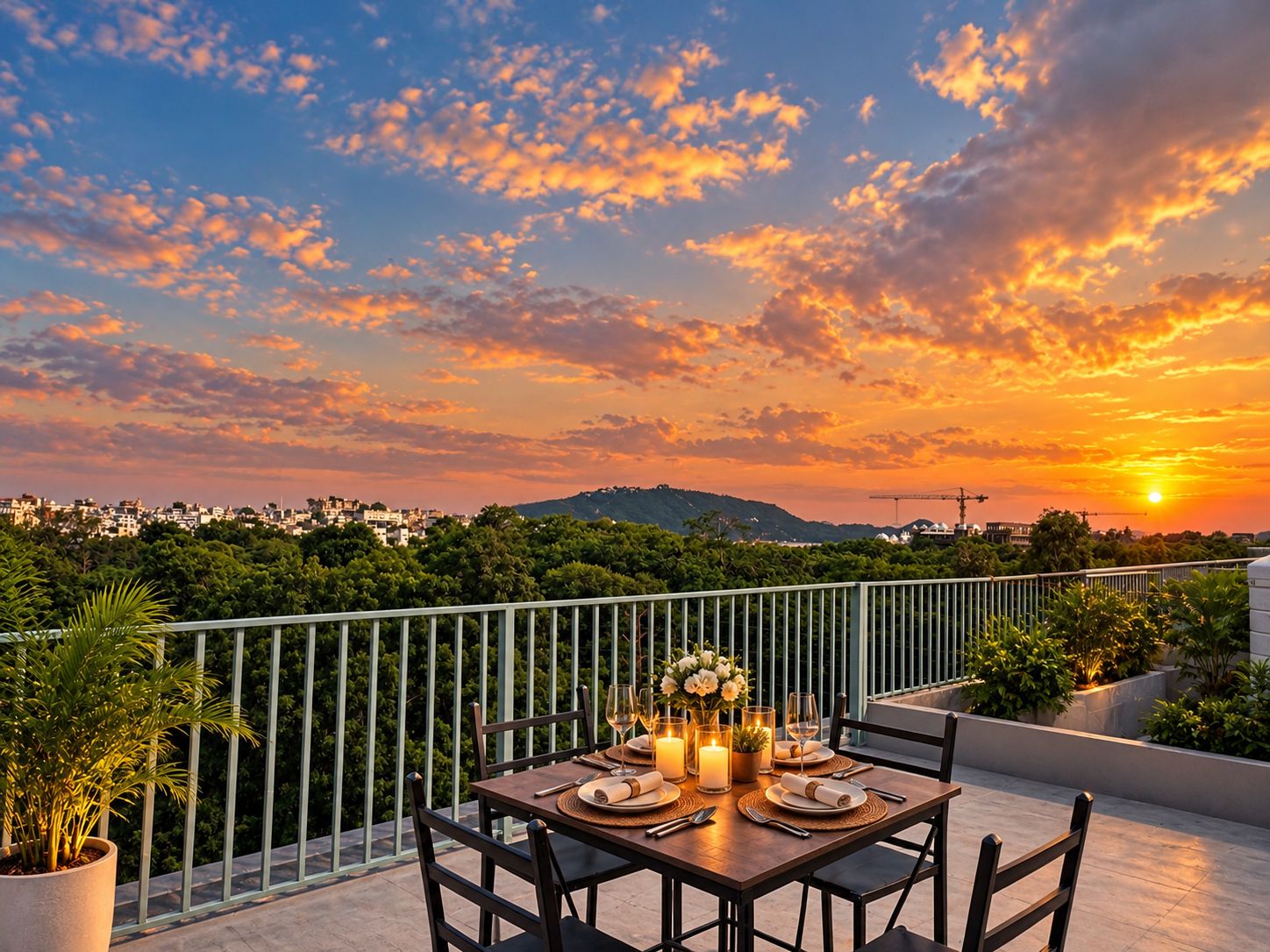 A sunset view from a balcony with a table set for two, overlooking a cityscape and greenery.