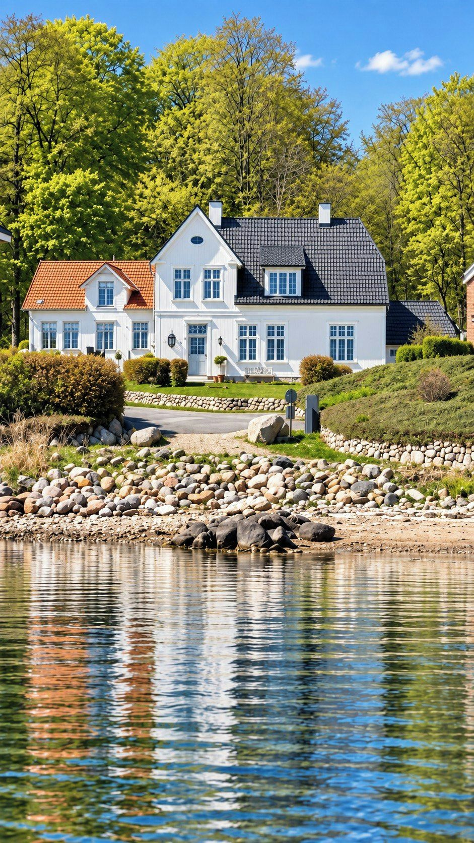 Suuri valkoinen talo, jossa on punainen katto, sijaitsee vesistön vieressä, ja sen rannalla on kivikkoista maastoa.