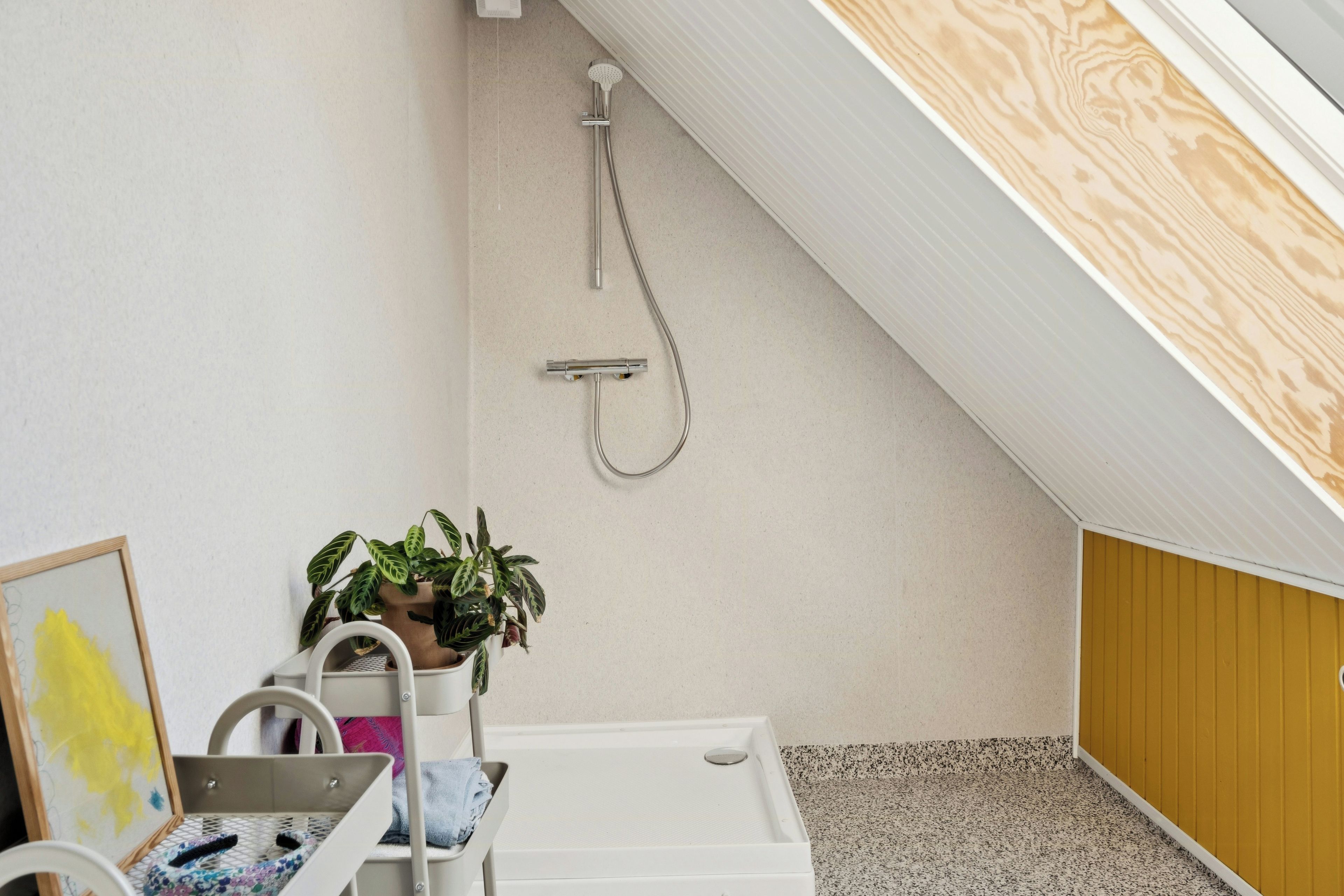 A small, modern bathroom with a shower, a sink, and a potted plant.