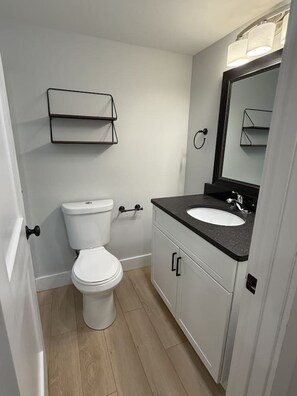 Un baño con inodoro, lavabo y espejo.