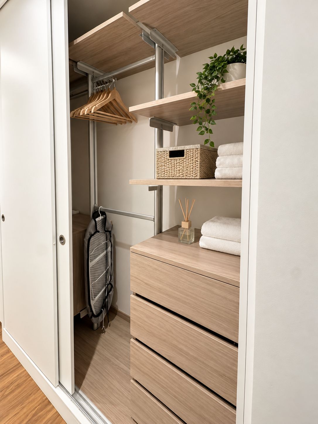 A walk-in closet with wooden shelves, hanging space, and drawers.