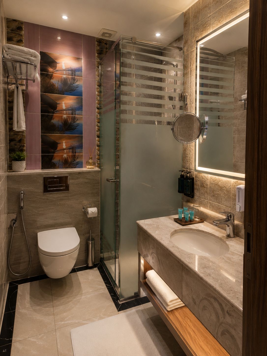 Un baño moderno con cabina de ducha de vidrio, inodoro blanco y tocador con un espejo grande.
