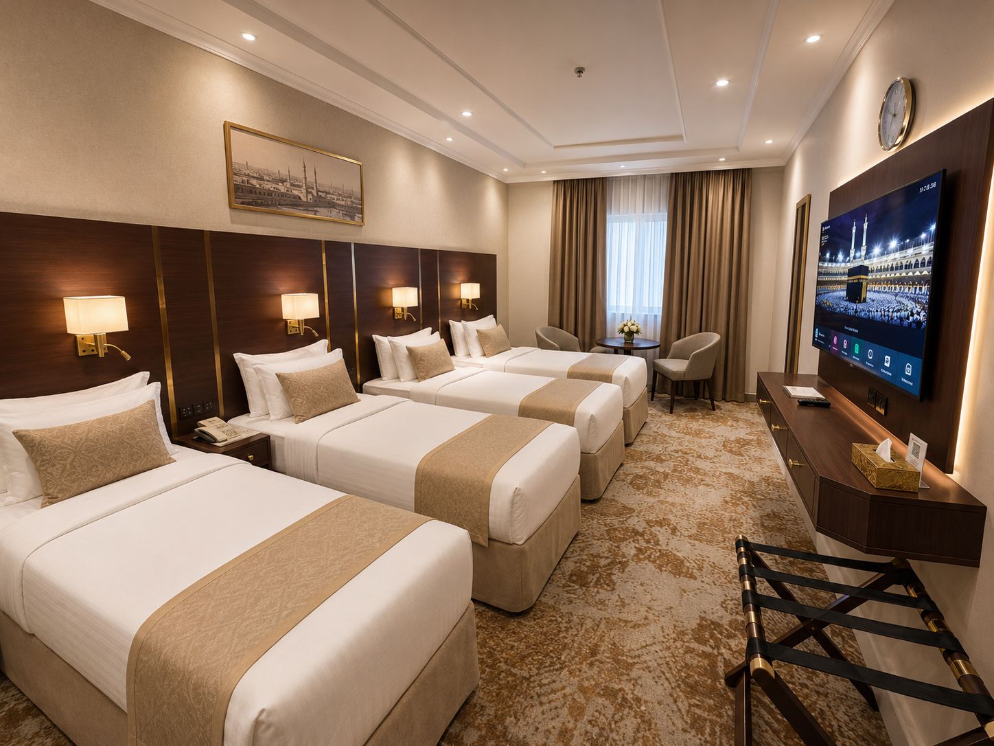 A hotel room with three beds, a TV, a desk, and a clock on the wall.