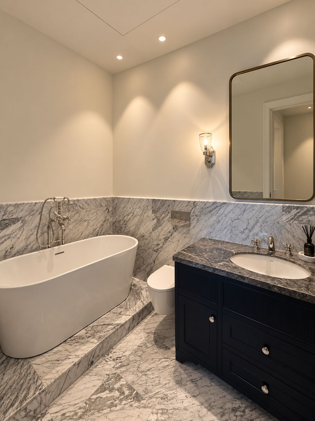 A modern bathroom with a freestanding bathtub, a vanity with a sink, and a large mirror.