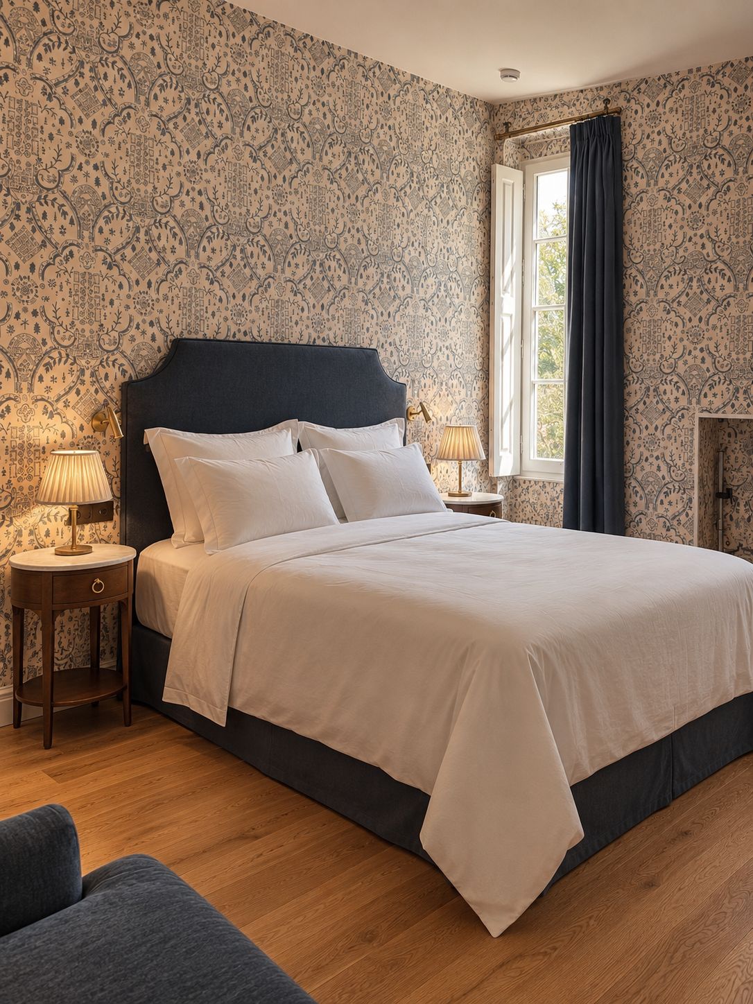 A bedroom with a large bed, two bedside tables with lamps, a window with curtains, and patterned wallpaper.