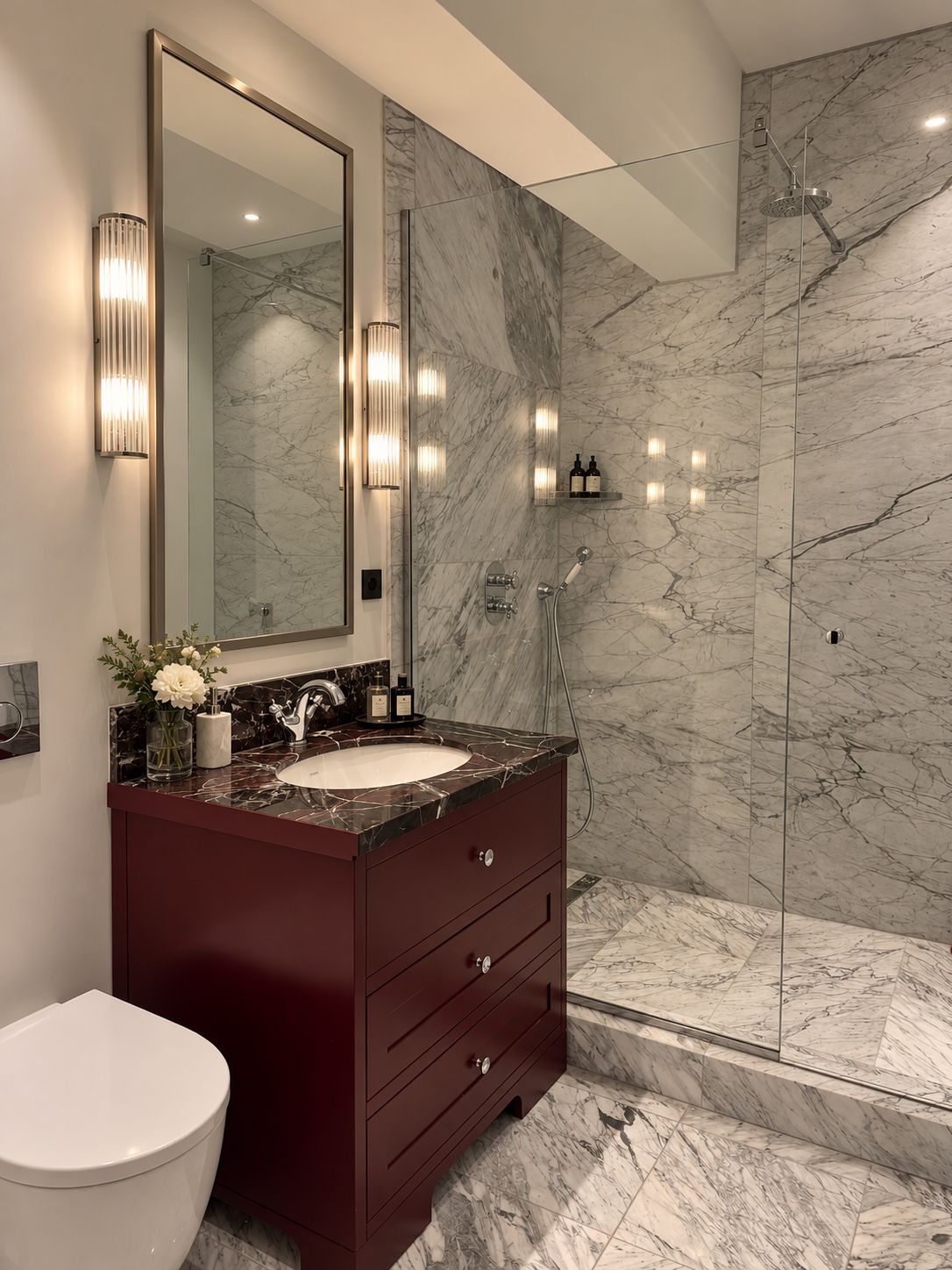 A modern bathroom with a marble sink, a large mirror, and a walk-in shower.