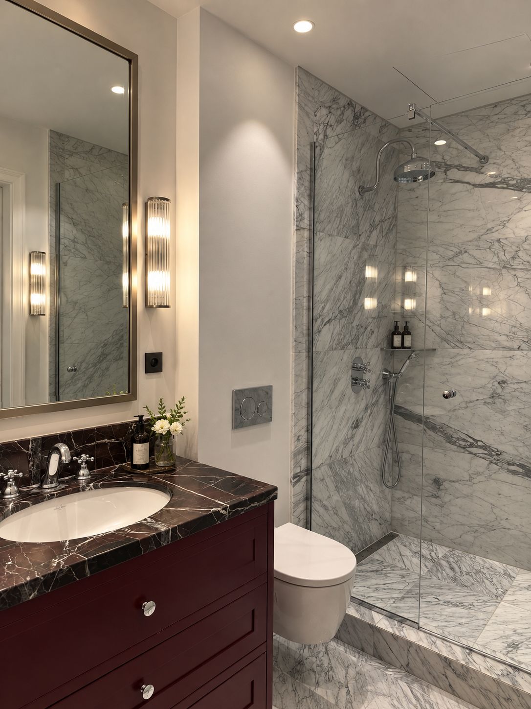 Een moderne badkamer met een marmeren wastafelmeubel, een grote spiegel en een douche met glazen wanden.
