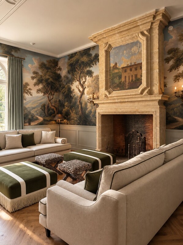 A living room with a fireplace, a sofa set, and a mural on the wall.