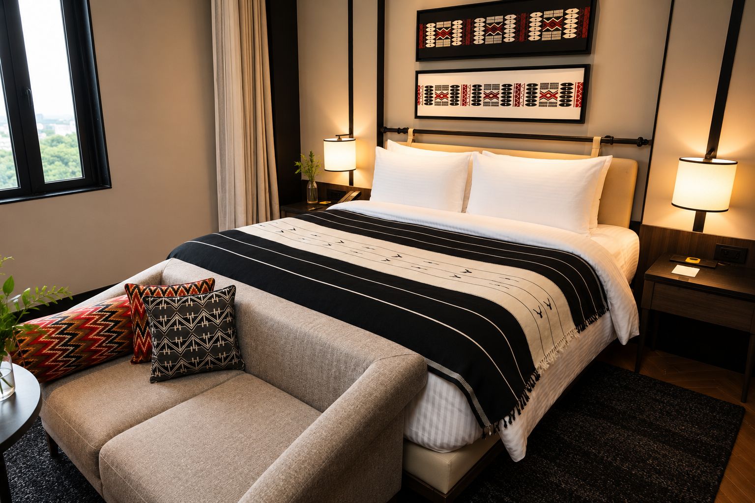 Ein Hotelzimmer mit einem großen Bett, zwei Nachttischlampen, einem Kunstwerk an der Kopfteil, einem Sofa mit gemusterten Kissen und einem Fenster mit Vorhängen.