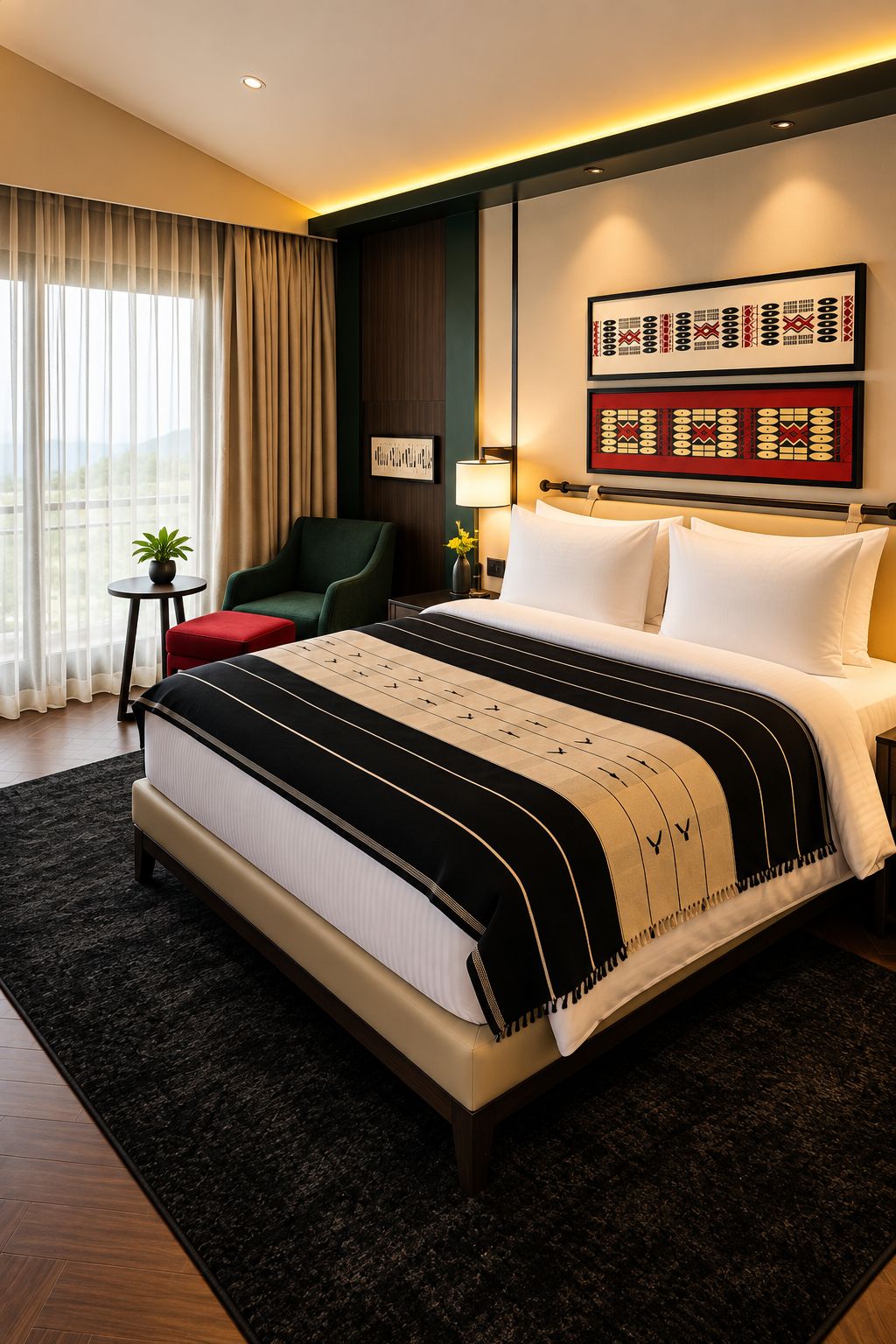 A hotel room with a large bed, a green armchair, a small table with a plant, and a view of the outdoors through large windows.