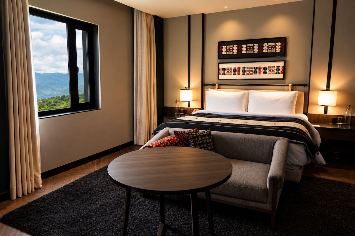 A hotel room with a bed, a round table, a sofa, and a view of the outdoors.