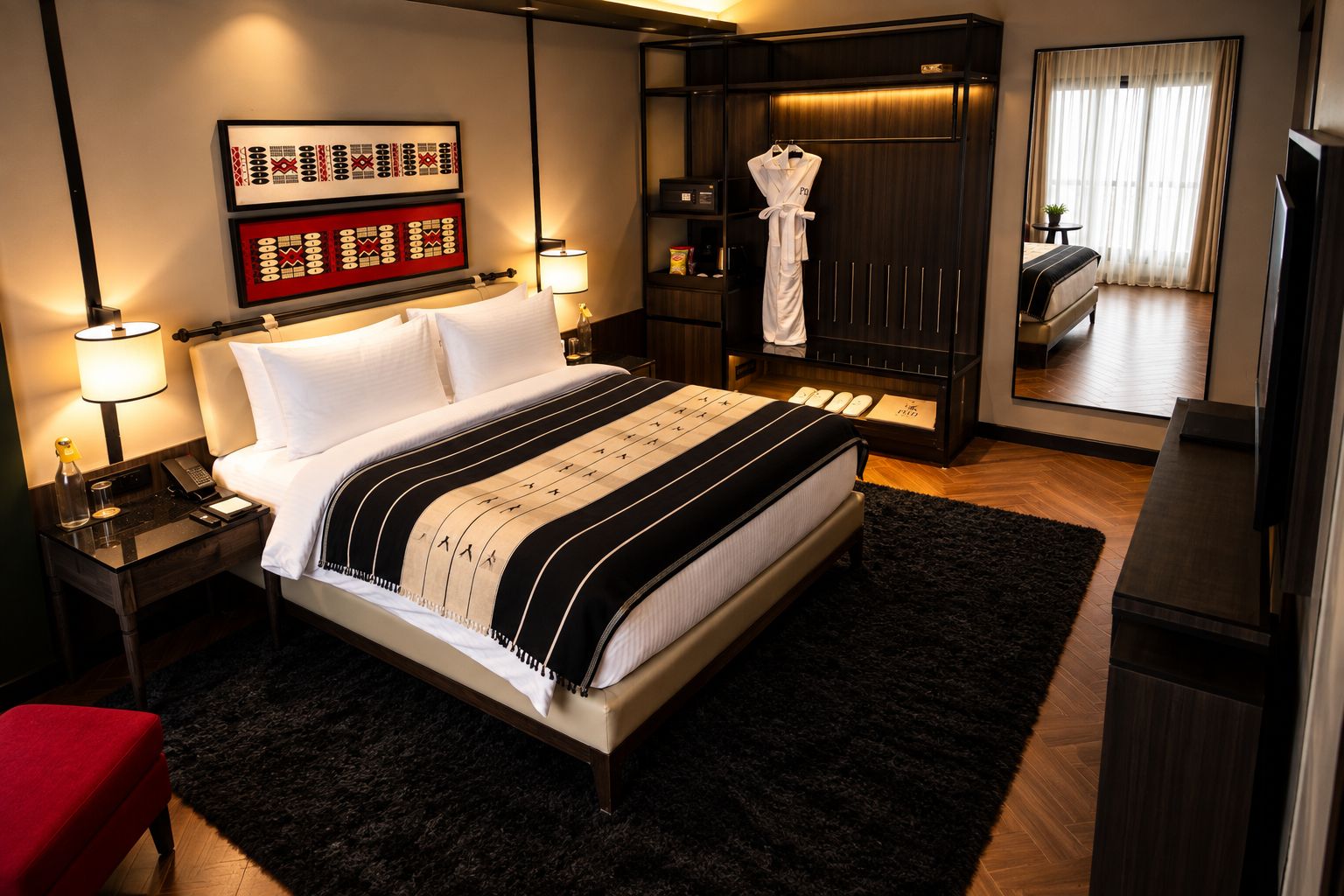 A hotel room with a large bed, bedside lamps, a red chair, a wardrobe, and a mirror reflecting the room.