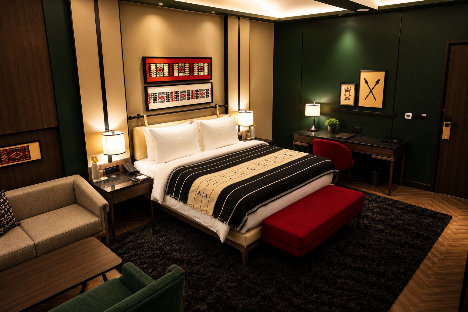 A hotel room with a bed, bedside tables, a desk, a chair, a sofa, and artwork on the walls.