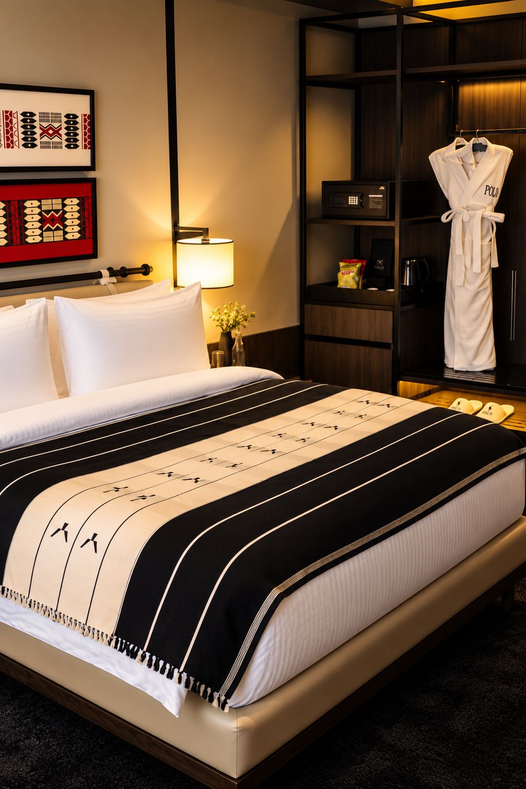 A hotel room with a bed, a bedside table with a lamp, a robe hanging on a rack, and a wall with framed artwork.