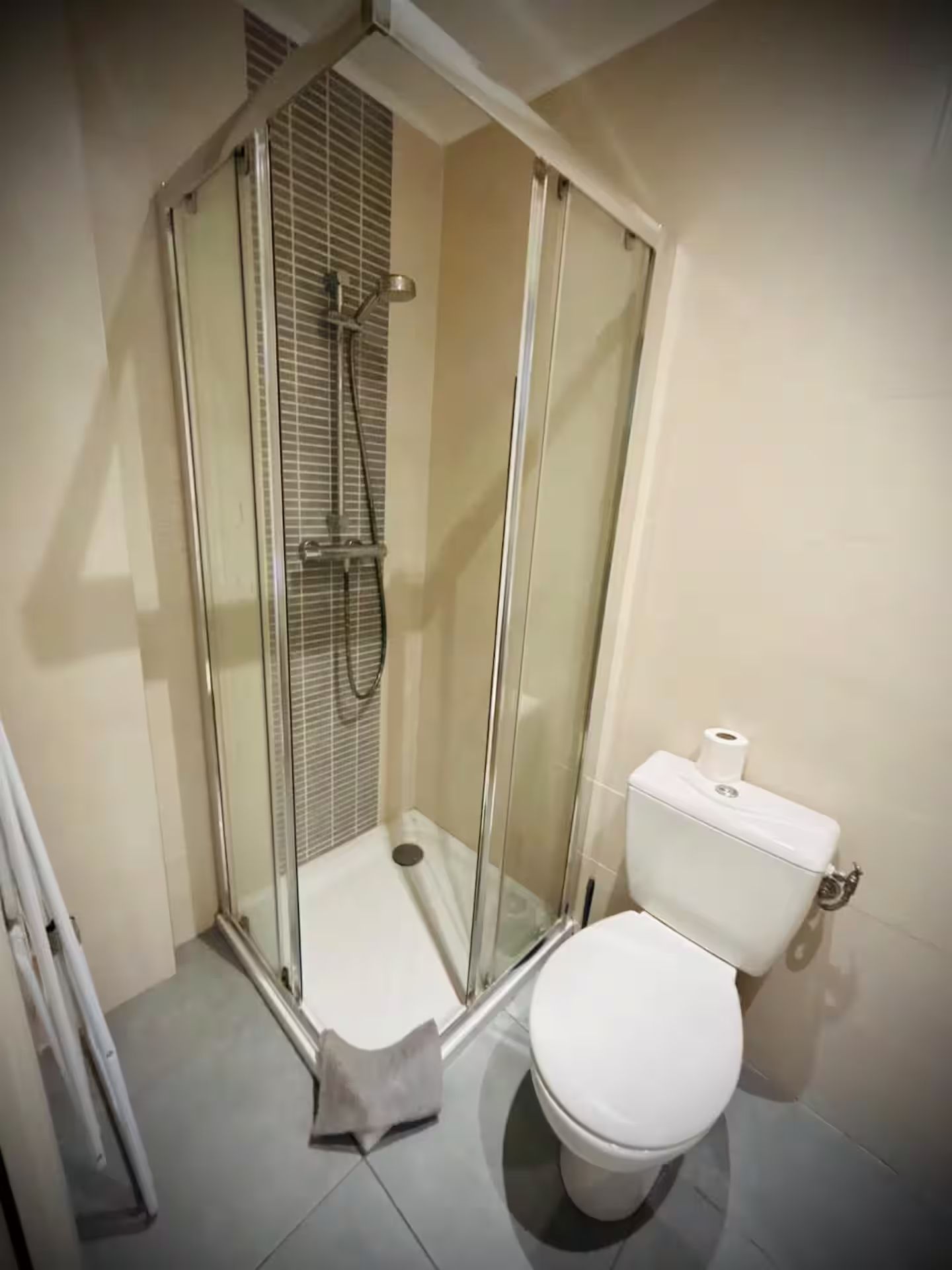 A small bathroom with a glass-enclosed shower, a toilet, and a roll of toilet paper on the wall.