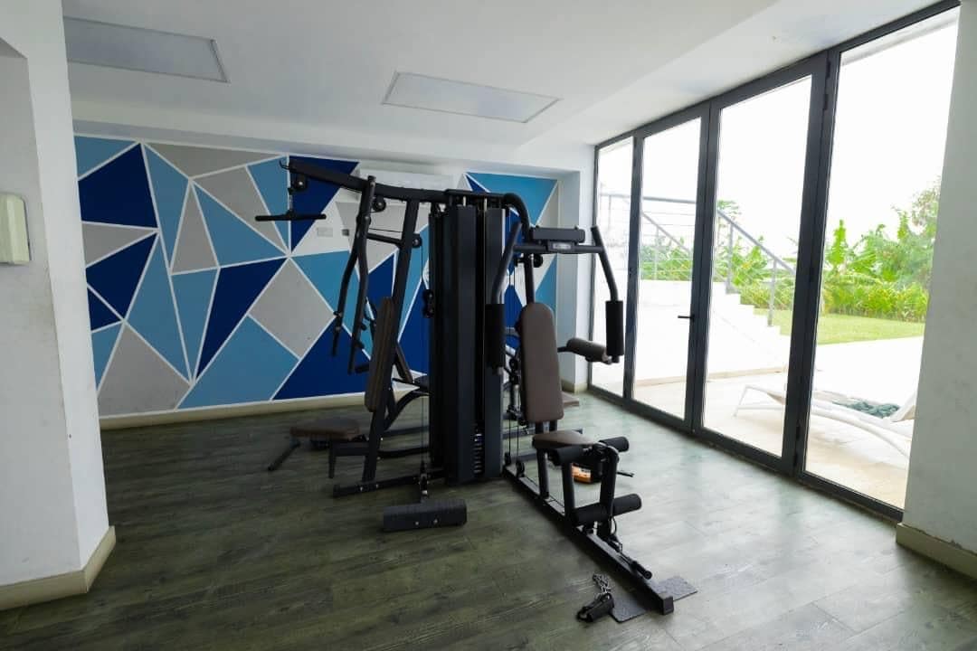 A gym with exercise equipment, a geometric wall design, and a view through large windows.