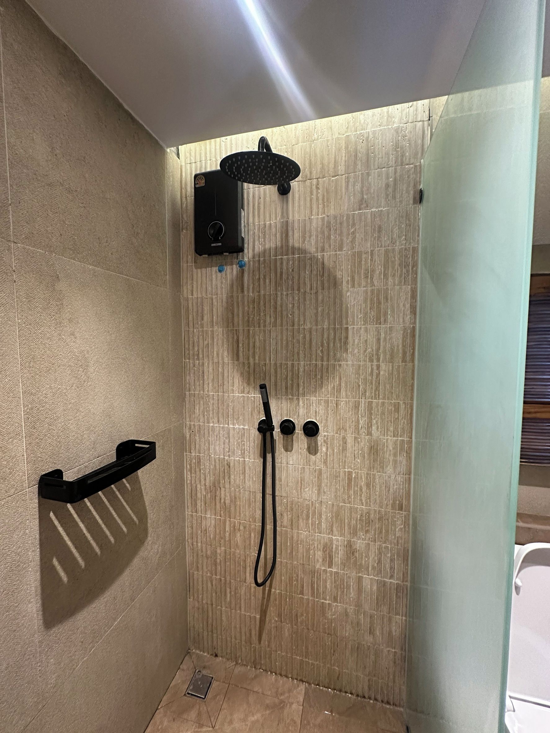 A shower enclosure with a handheld showerhead and a wall-mounted control panel.