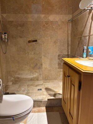 A bathroom with a shower, toilet, and vanity with cabinets. - Beautiful one-bedroom Cocoon apartment with a view of the Dents du Midi (Ollon)