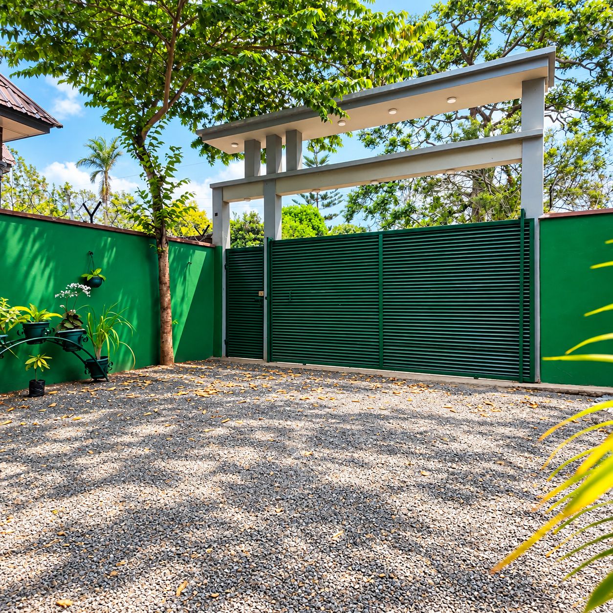 A gated outdoor area with a gravel surface, a green fence, and potted plants.