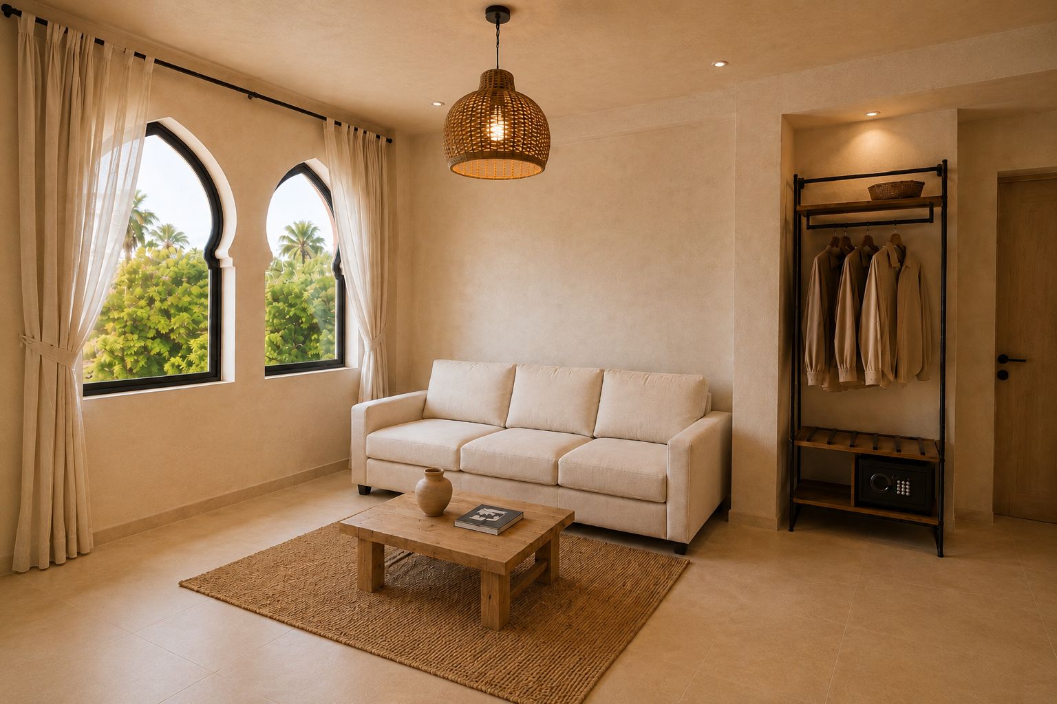 A living room with a sofa, a coffee table, a hanging light fixture, a window with curtains, and a clothing rack.