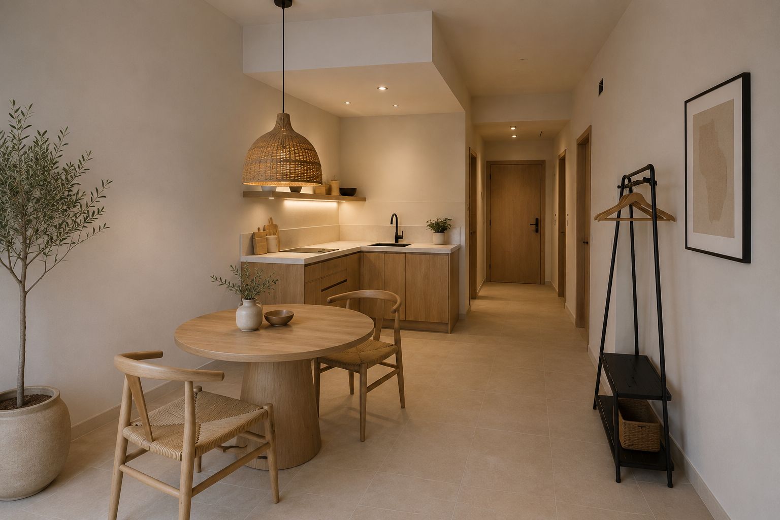 Una cocina moderna con una mesa redonda, sillas de madera, una lámpara colgante y una planta en maceta.
