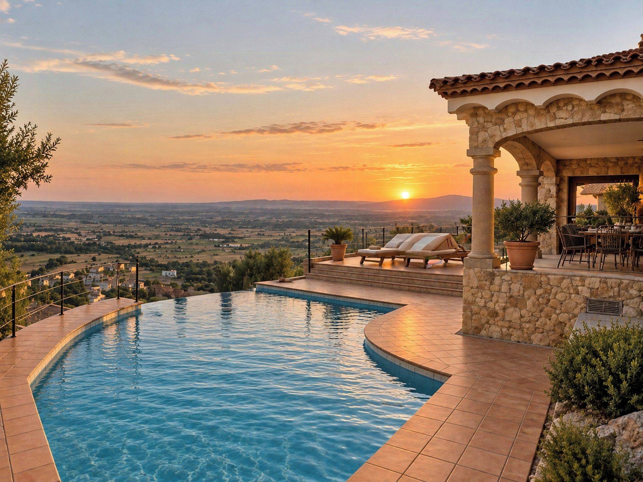 Une piscine avec vue sur le coucher de soleil, des chaises longues et un bâtiment en pierre.