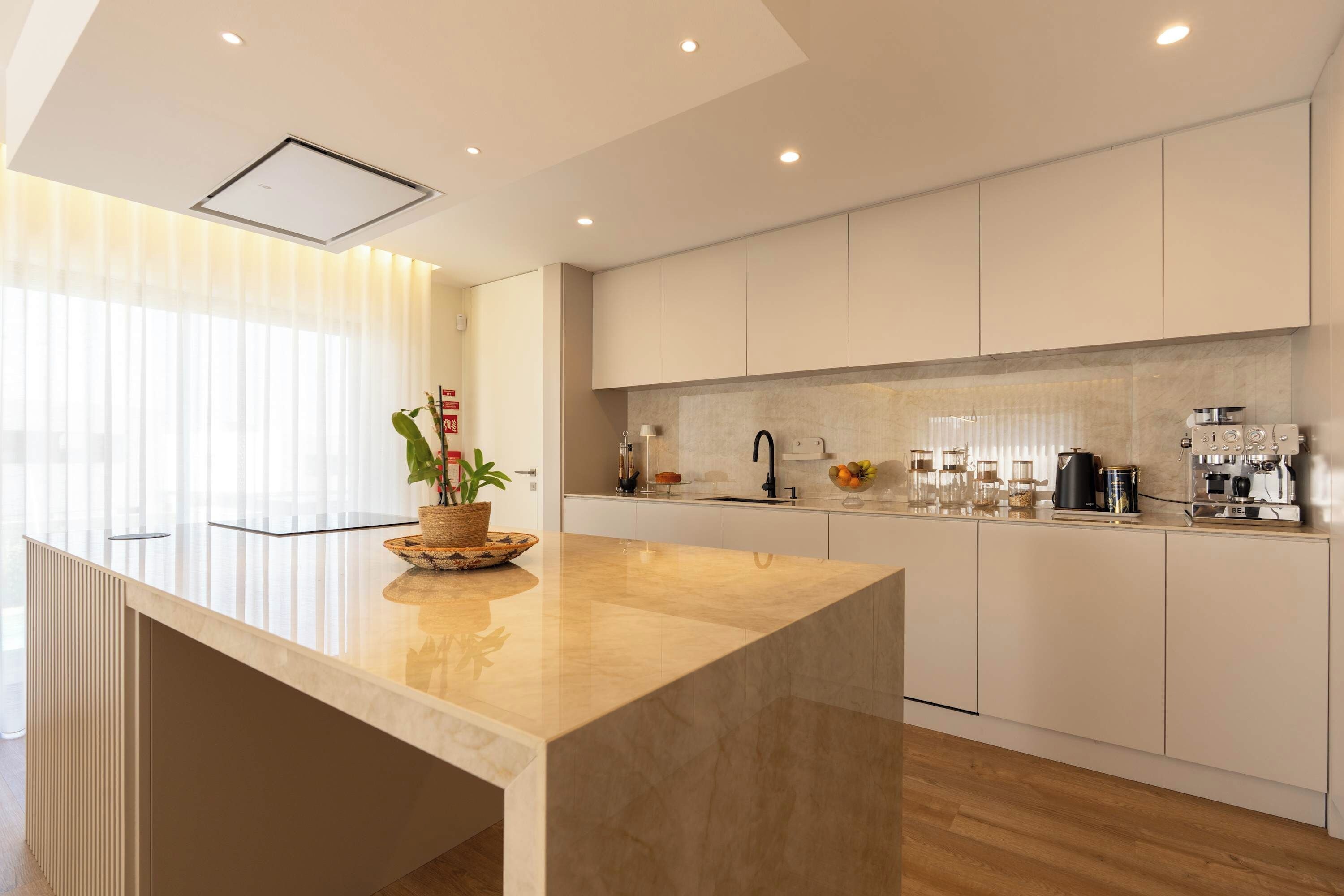 A modern kitchen with a marble countertop, a coffee machine, and a potted plant.