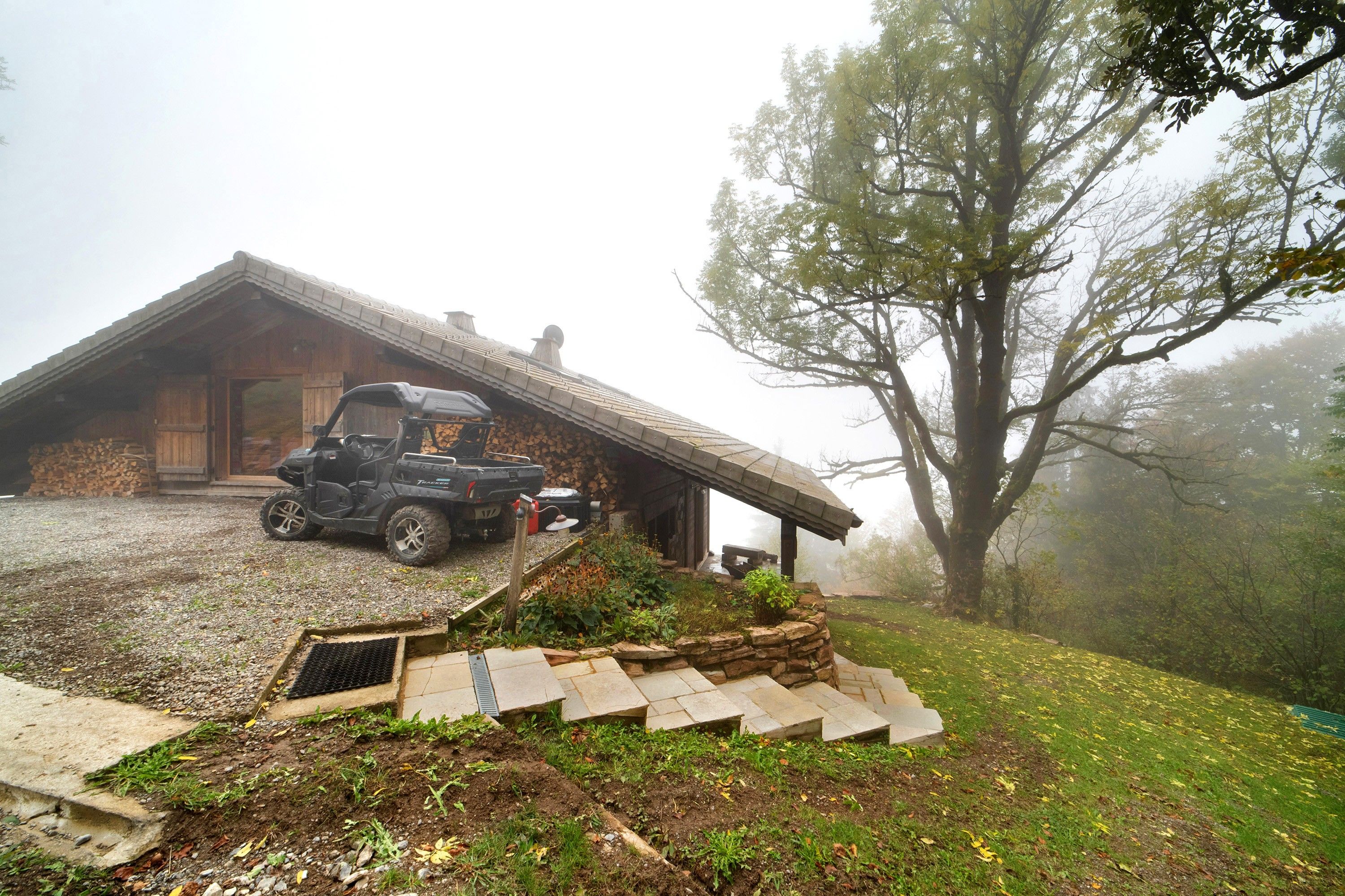 Une cabane rustique avec un porche couvert, un camion garé devant et un grand arbre sur la droite.
