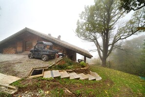 A rustic cabin with a covered porch, a truck parked in front, and a large tree to the right.