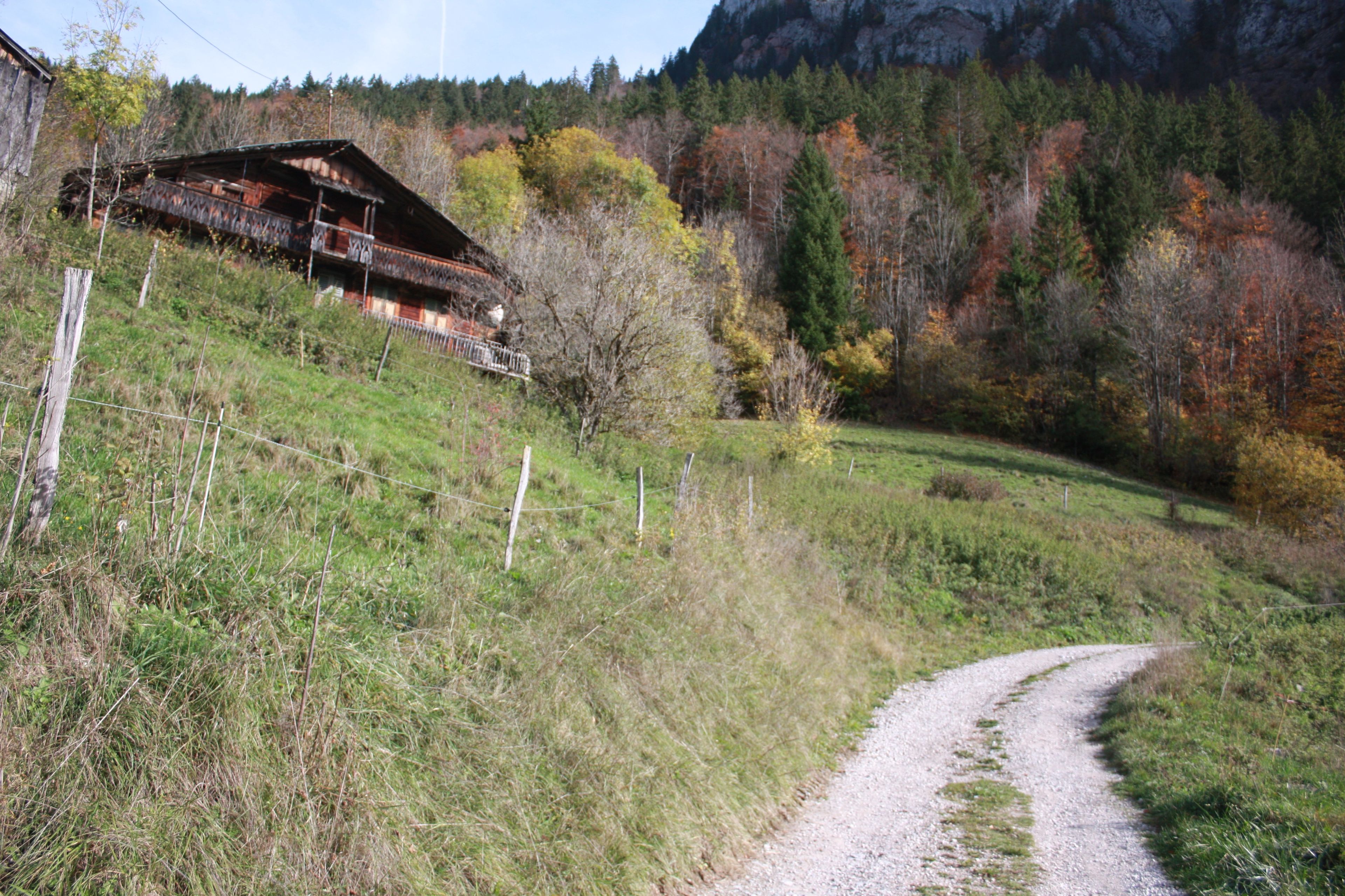 Ländliche Landschaft mit einem Feldweg, der zu einem Holzhaus mit Balkon führt.
