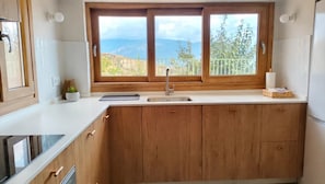 A kitchen with wooden cabinets, a stainless steel sink, and a window with a view of mountains.