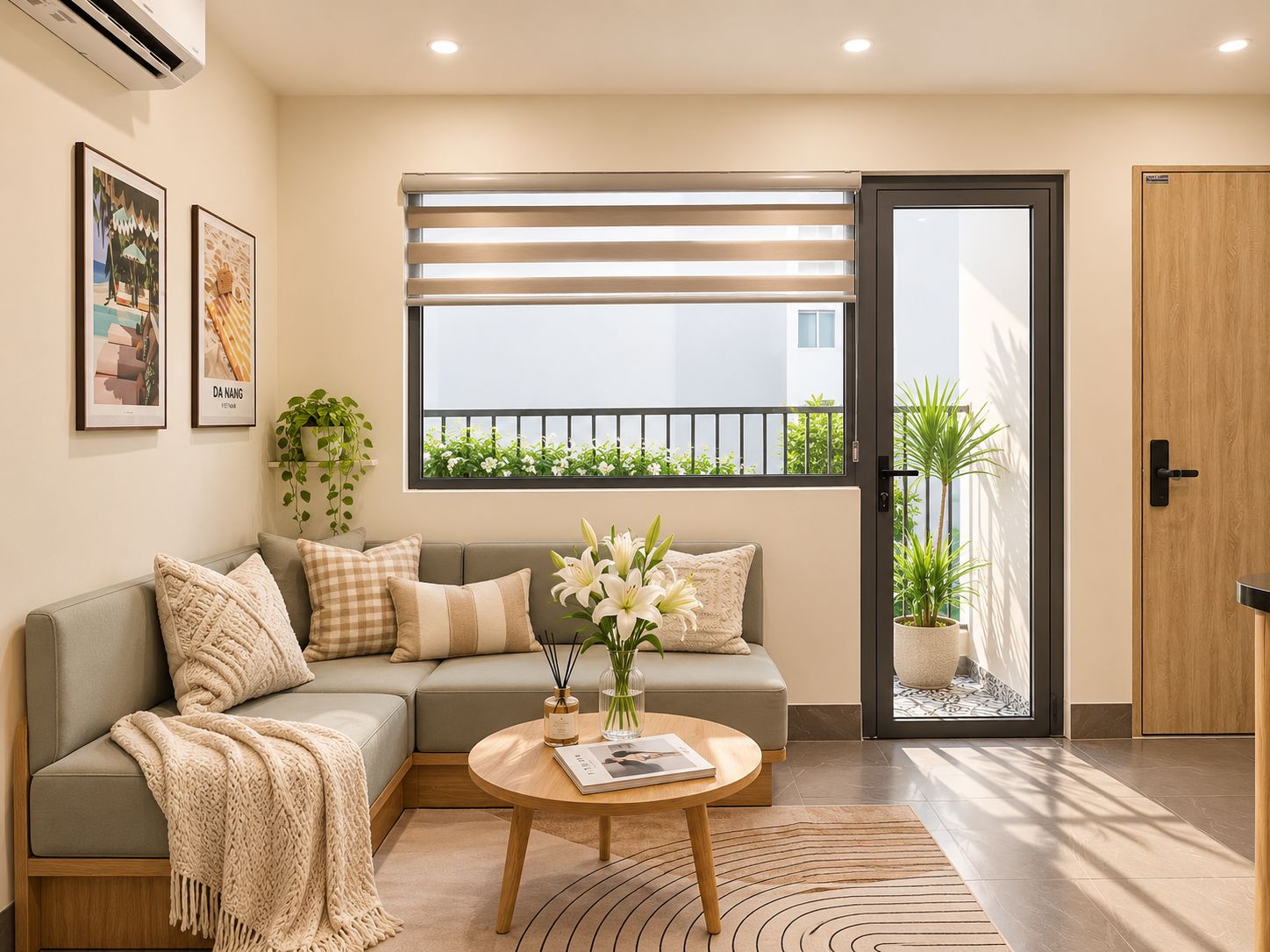 A modern living room with a sofa, a coffee table, and a window with blinds.