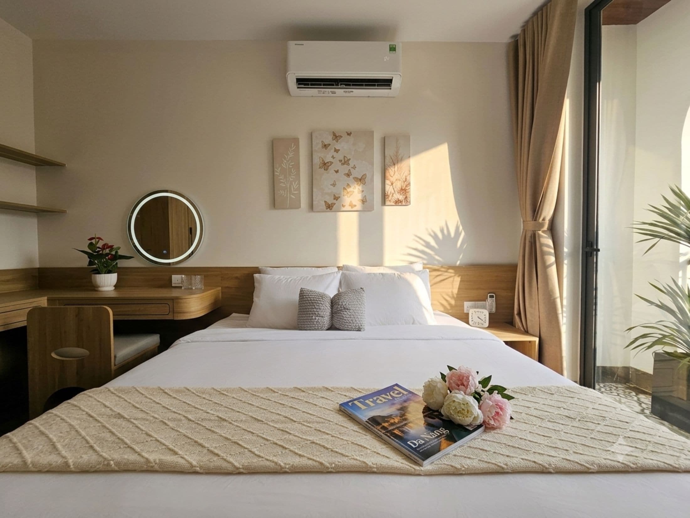 A hotel room with a bed, bedside table, a round mirror, wall art, and a window with curtains.