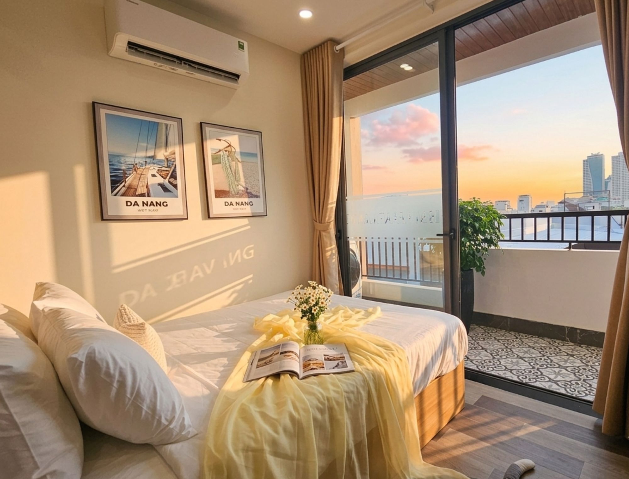 Quarto com cama, janela com vista para a cidade e duas imagens emolduradas na parede.