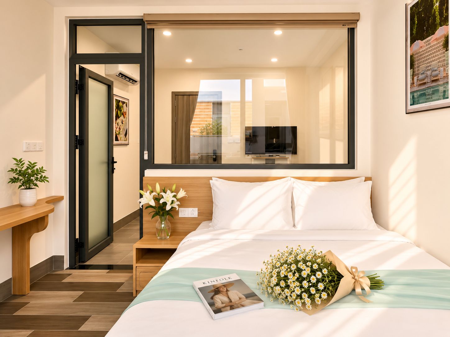 A hotel room with a bed, a bedside table with a vase of flowers, a framed picture on the wall, and a television mounted above the bed.