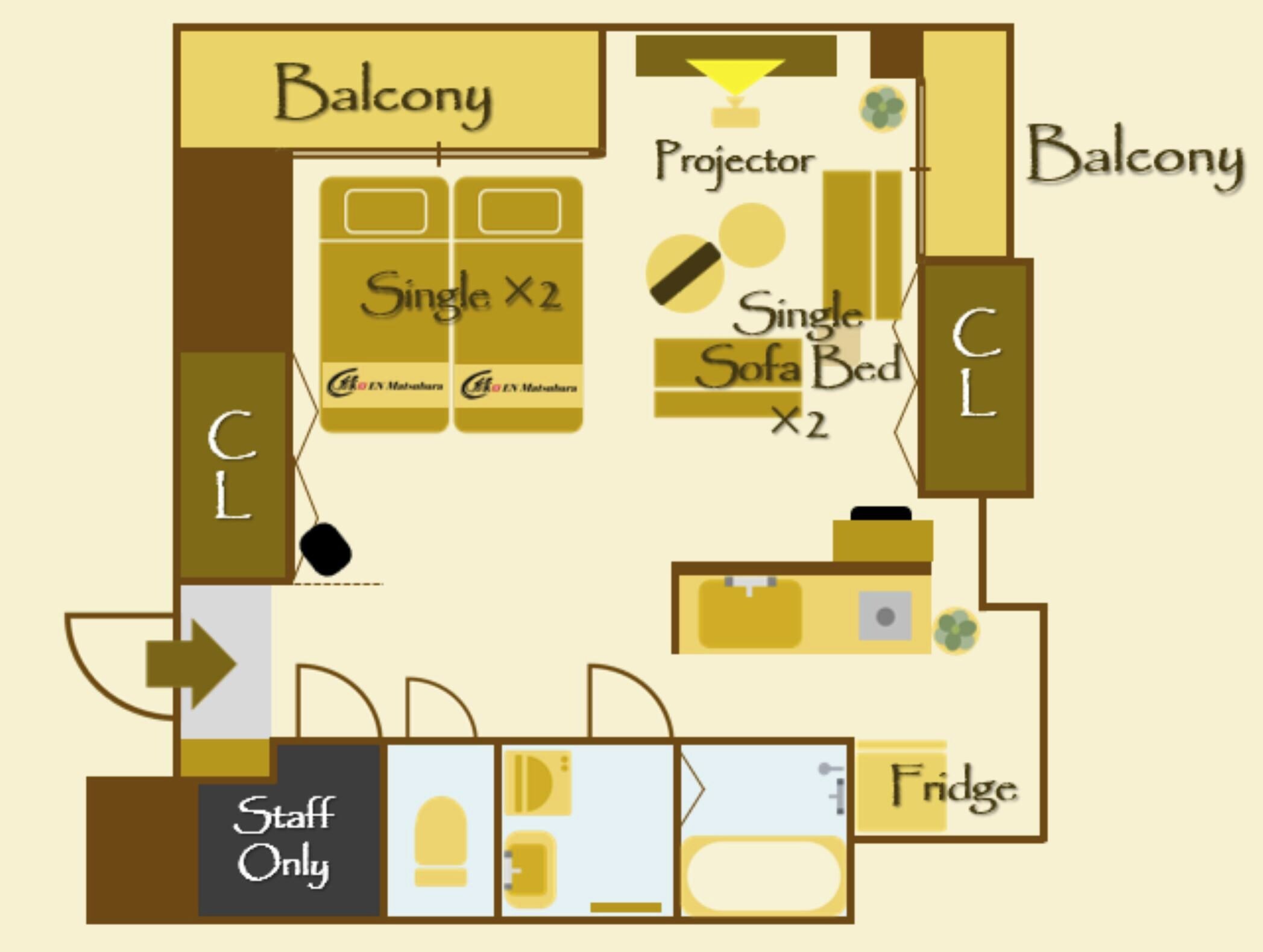 Un plan d’aménagement de chambre d’hôtel comprenant un balcon, un canapé-lit simple, un projecteur, un lit simple, un réfrigérateur et un espace réservé au personnel.