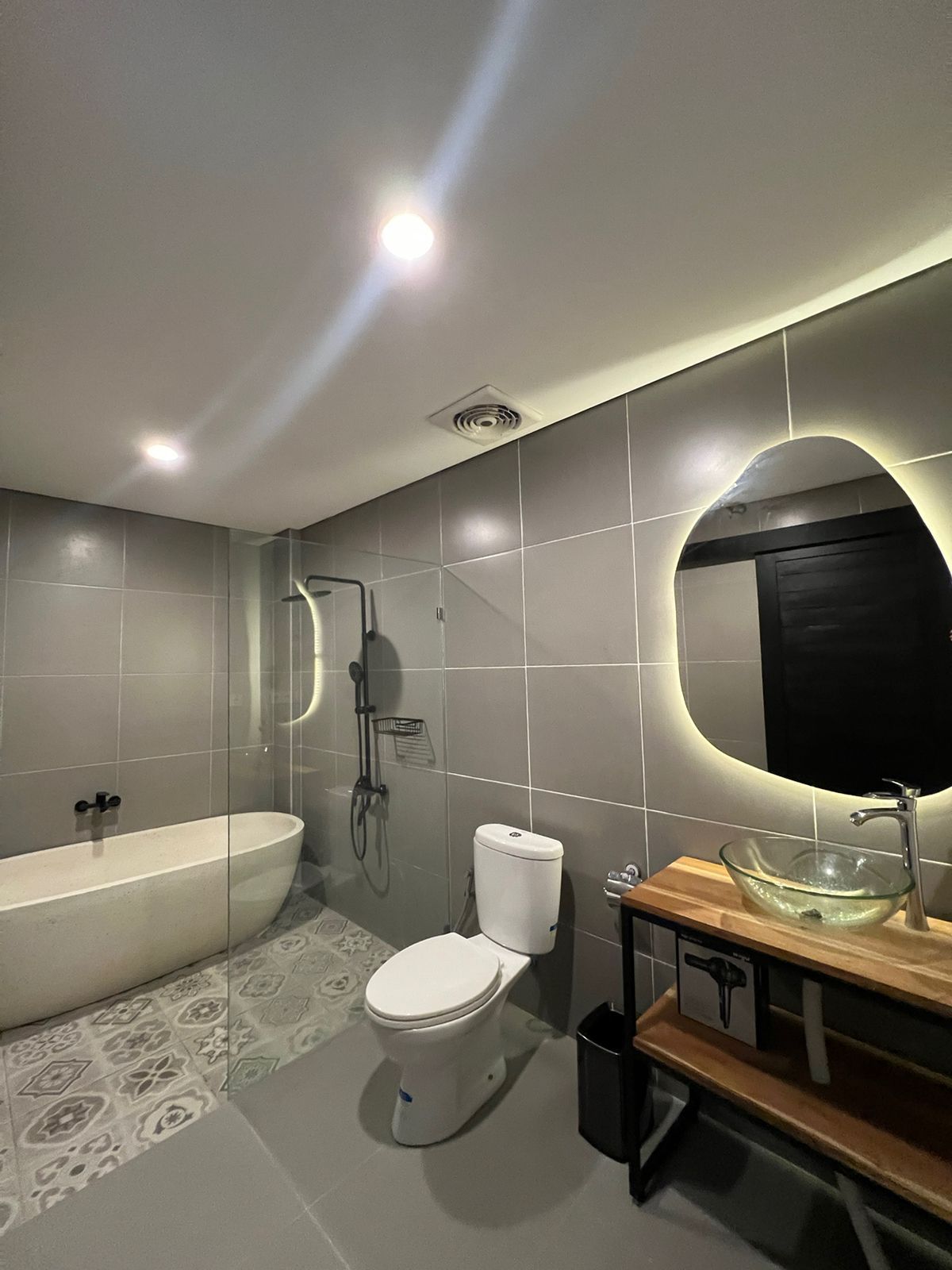 A modern bathroom with a freestanding bathtub, a toilet, and a glass bowl sink.