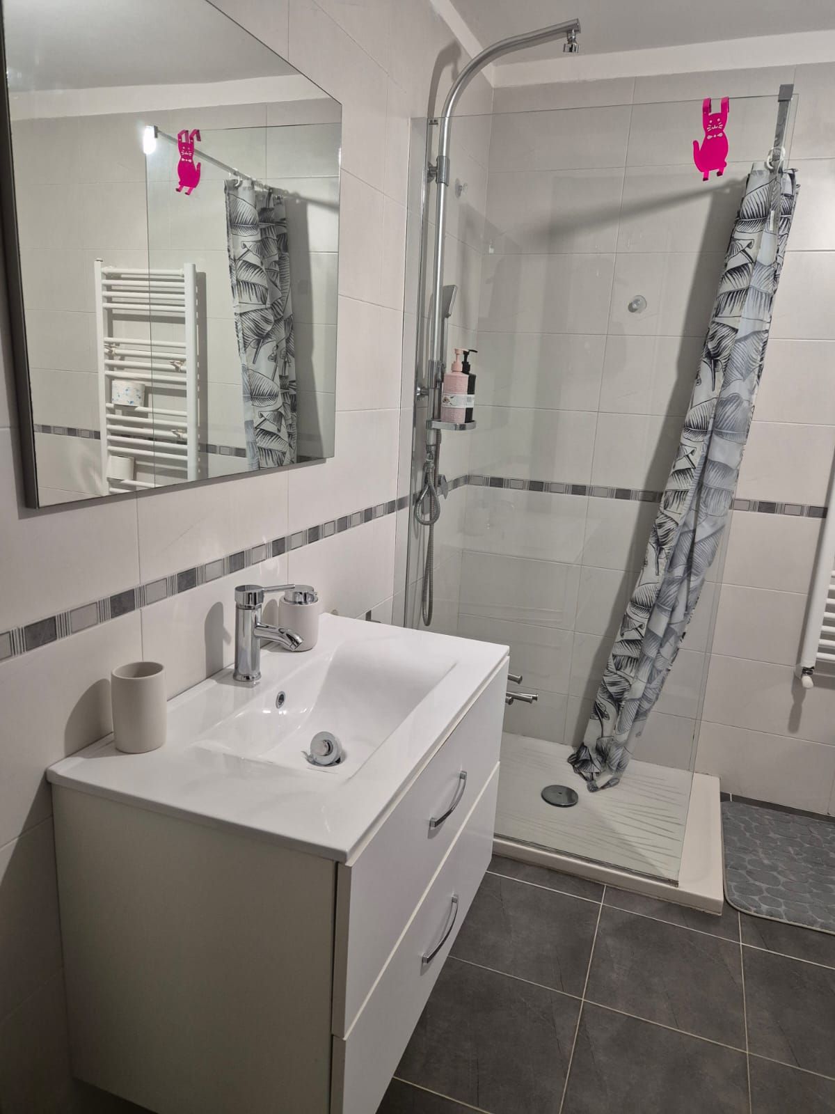 Ein Badezimmer mit Waschbecken, Spiegel und Dusche.
