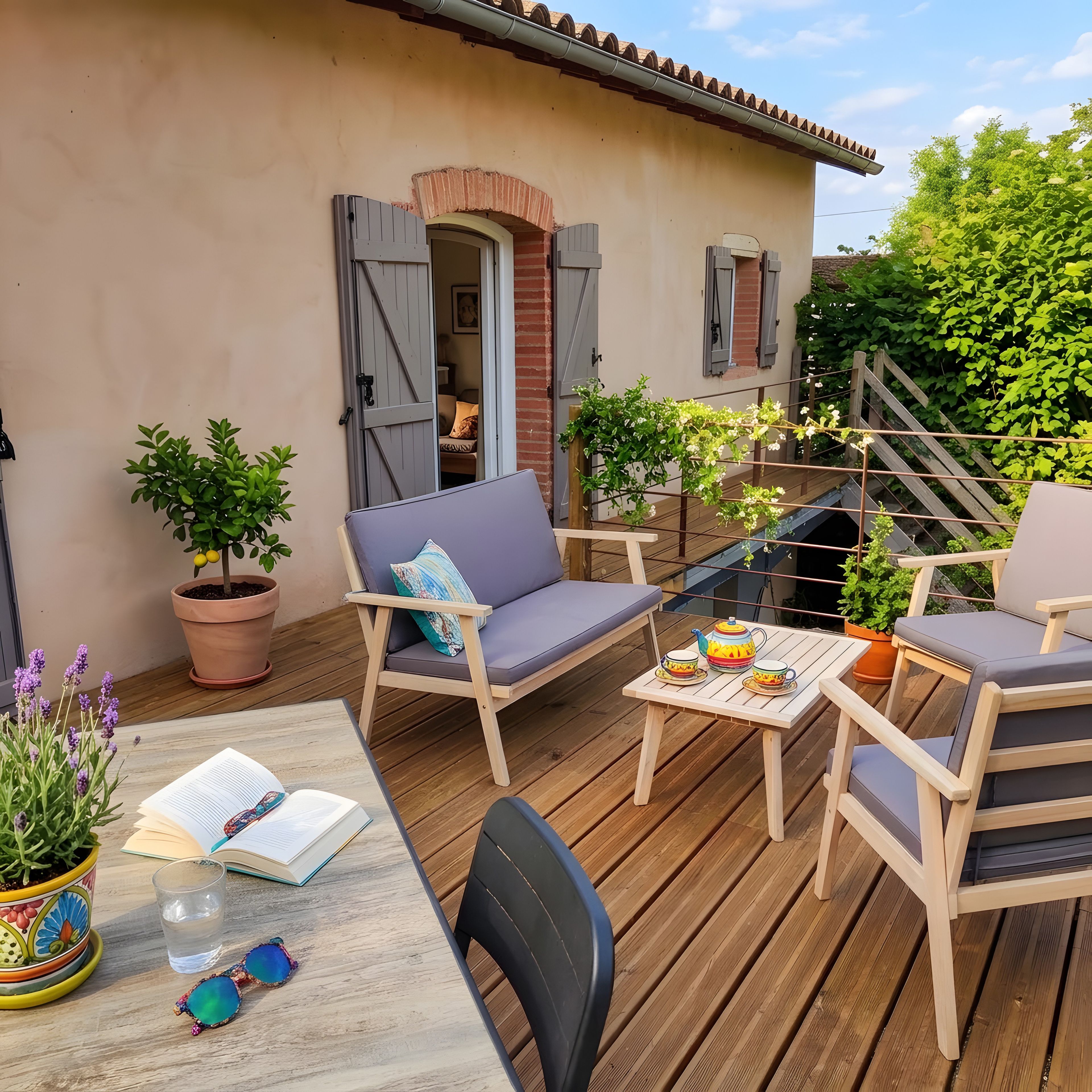 An outdoor patio with a wooden table, chairs, and a sofa.