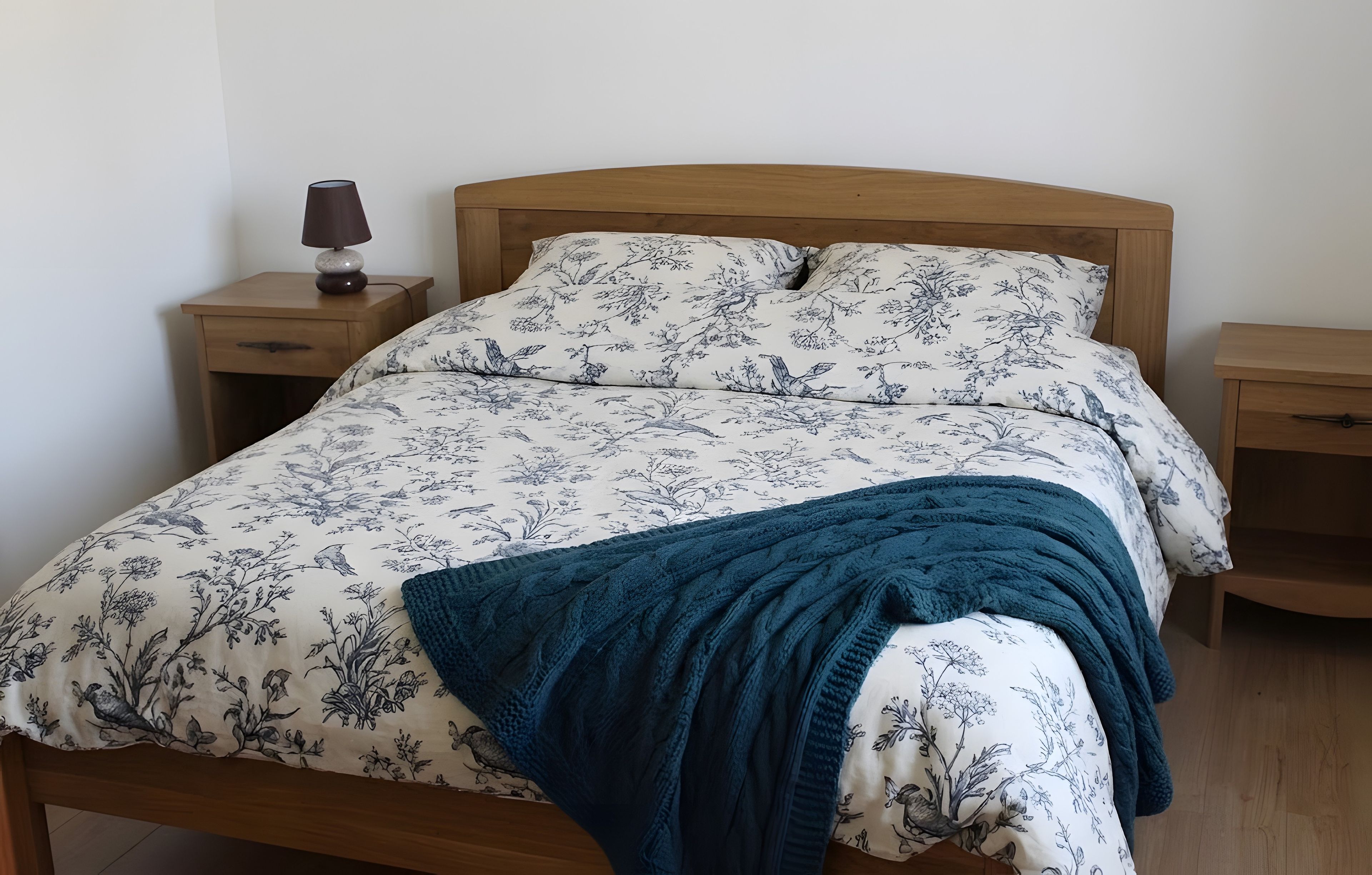 A bed with a floral pattern bedspread, a dark blue throw blanket, and wooden nightstands with a lamp.