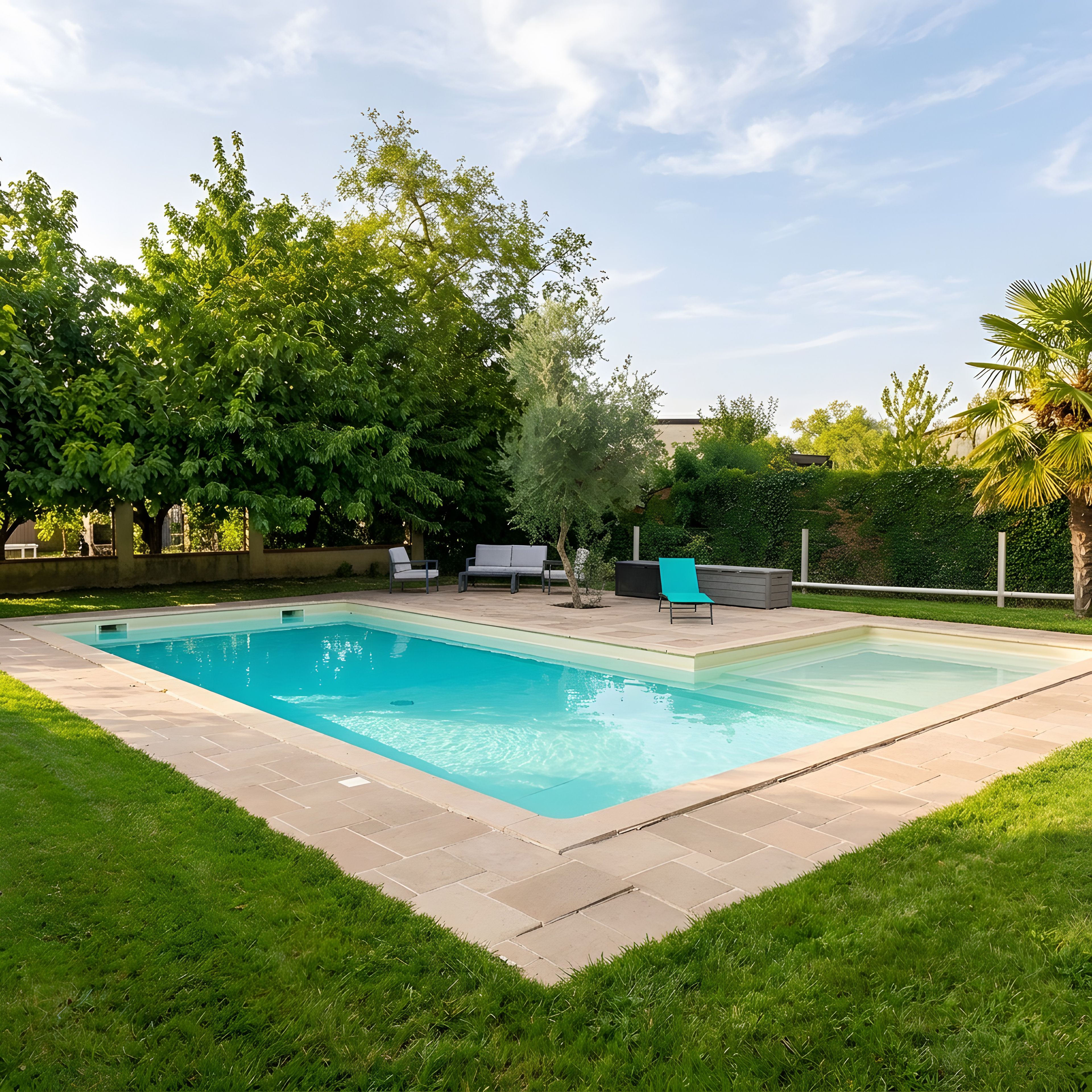 A rectangular swimming pool with a tiled deck, surrounded by grass and trees.
