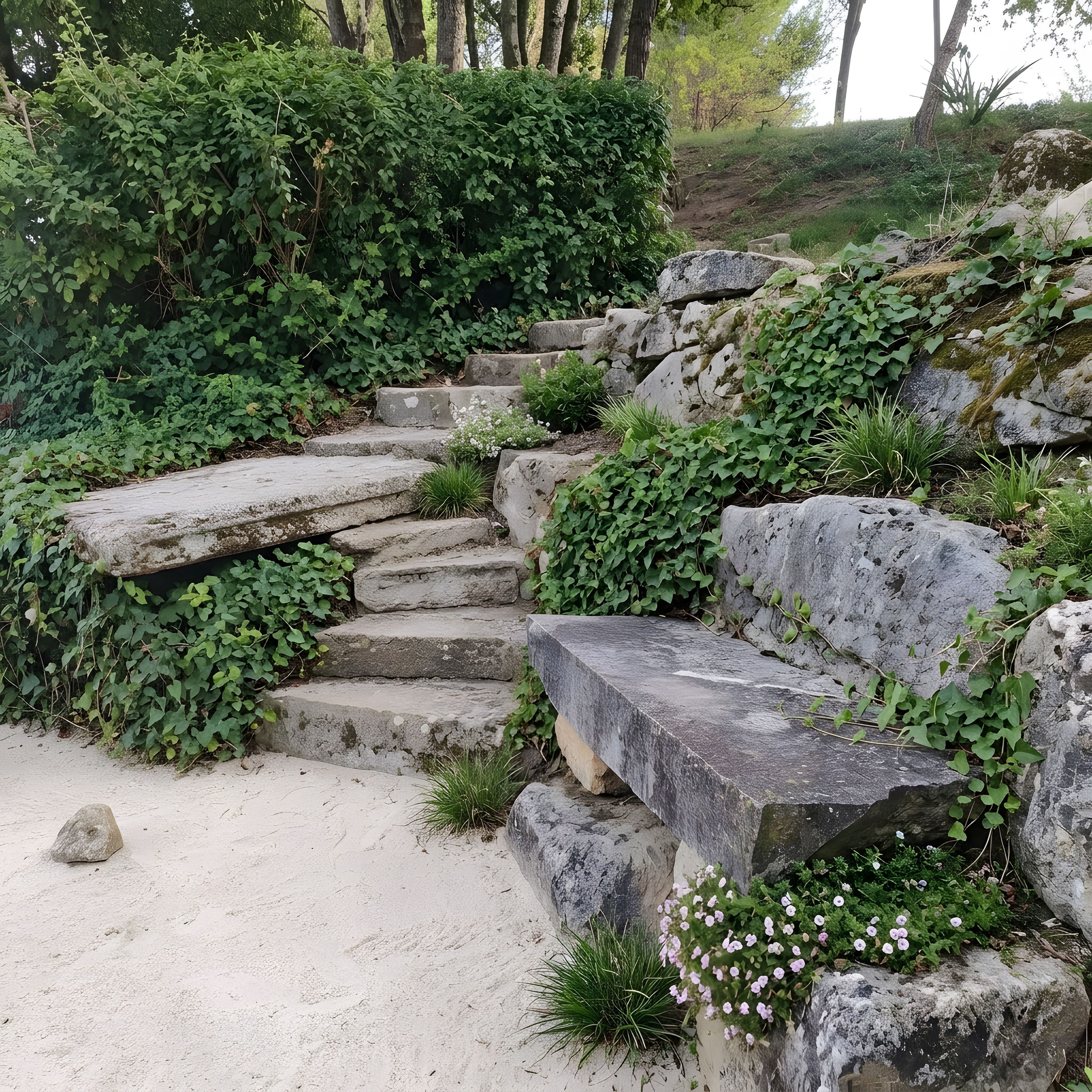 Un escalier en pierre, entouré de verdure et de rochers.