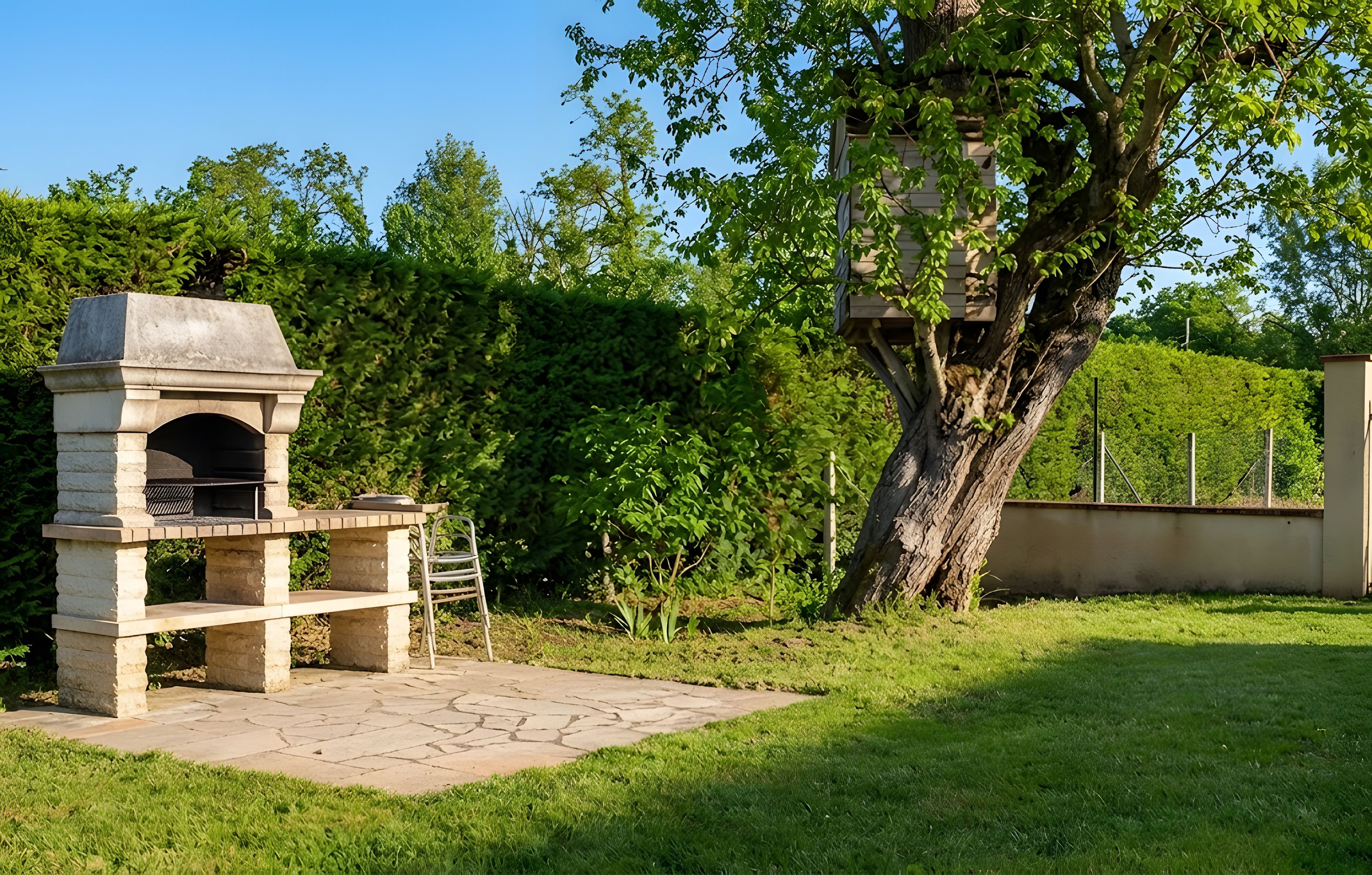 Een stenen buitenbarbecue met schoorsteen, omringd door een gazon en een grote boom.