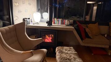 A cozy living room with a modern fireplace, a comfortable armchair, a sofa, and a bookshelf.