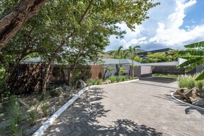 Un camino pavimentado conduce a un edificio moderno con fachada de piedra, rodeado de abundante vegetación y una valla de madera.