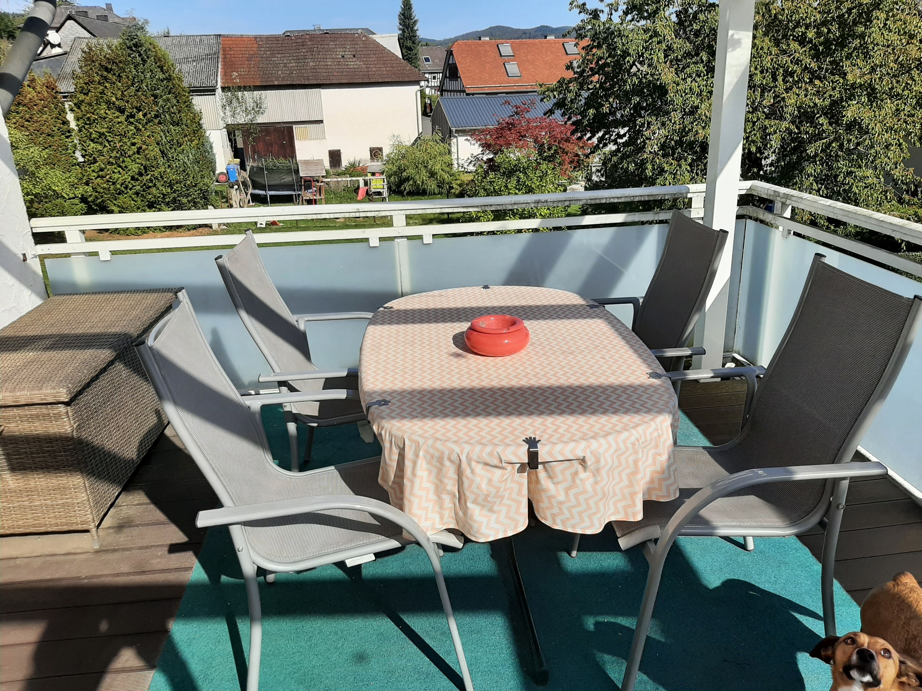 Ein überdachter Sitzbereich im Freien mit Tisch und Stühlen, einem Hund und Blick auf Häuser im Hintergrund.